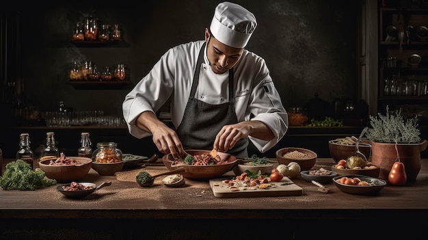 A chef prepares food in a kitchen with a sign that says'food '