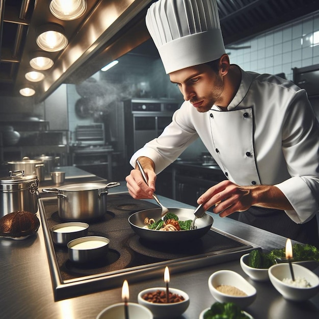 a chef prepares a meal in a kitchen with a pan of food