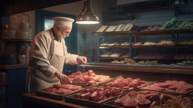 A chef prepares meat at the deli