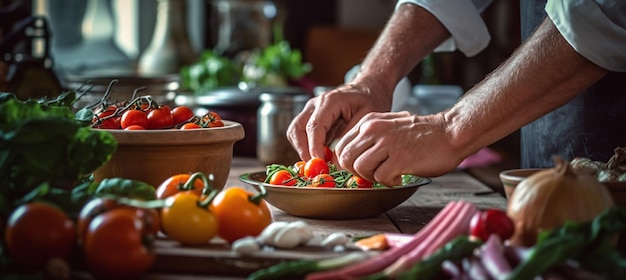 A chef prepares a salad with tomatoes and other vegetables