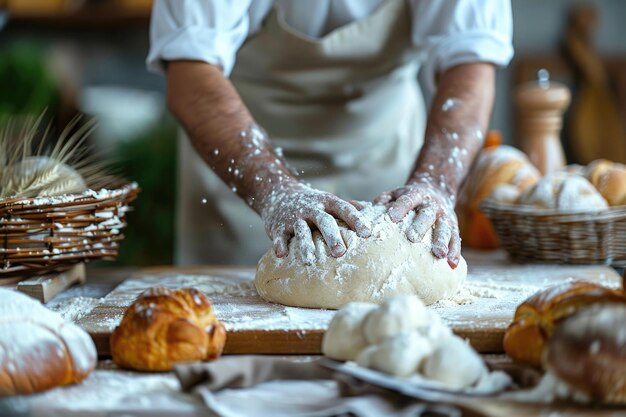 Photo chef preparing bread dough on floured surface