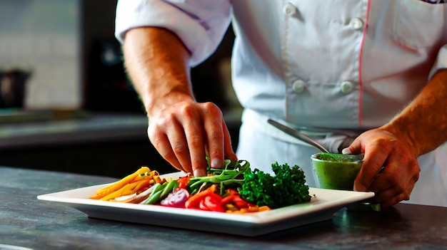 Photo chef preparing a colorful vegan meal