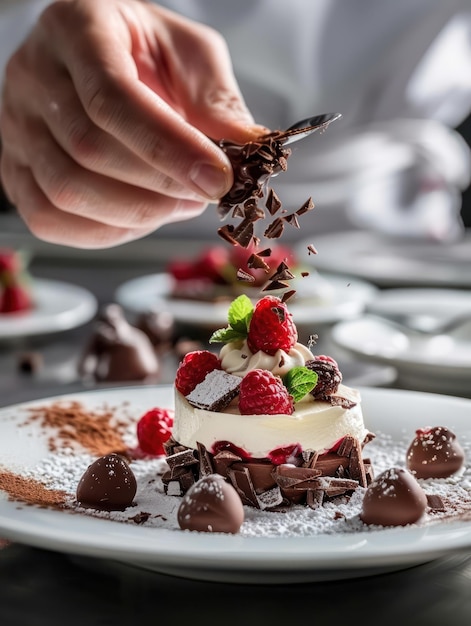 Photo a chef preparing a decadent dessert with chocolate and berries