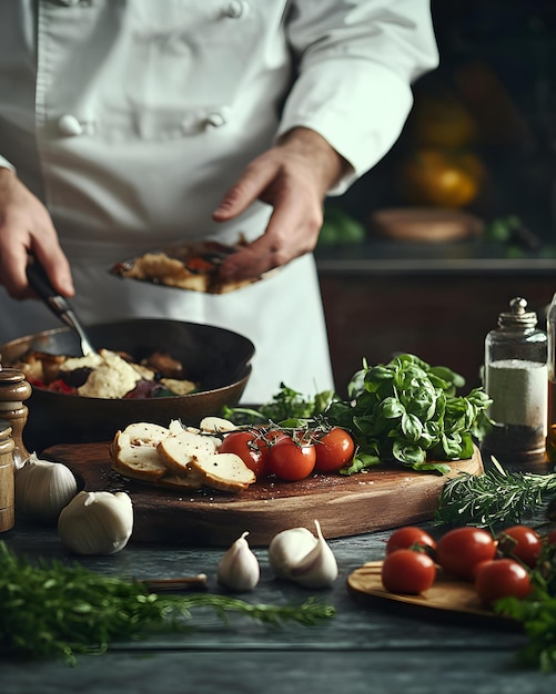 Photo chef preparing a delicious italian dish with fresh ingredients