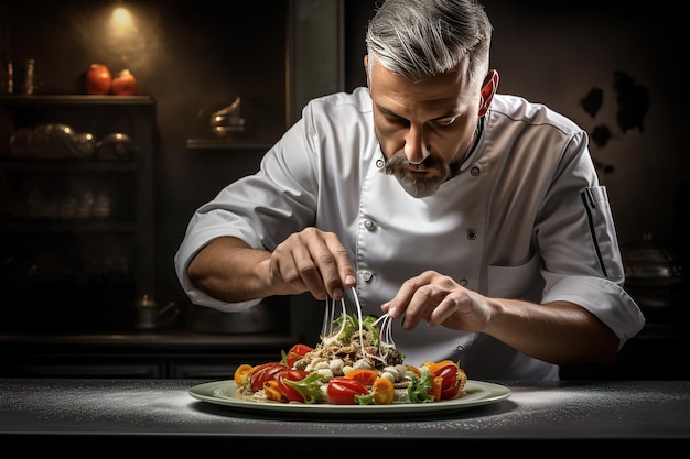 chef preparing a dish in a kitchen with a black background