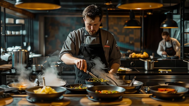 Chef preparing food in a commercial kitchen