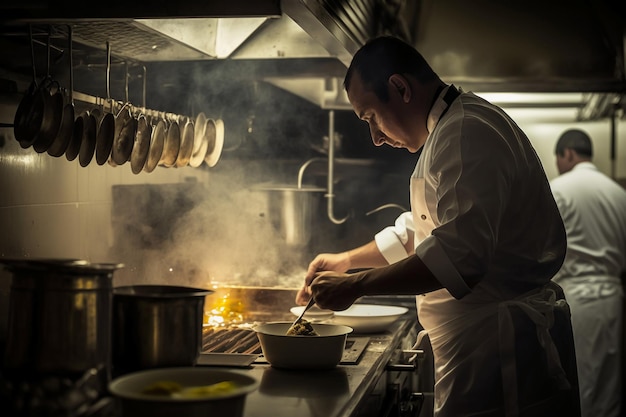 Chef preparing food in the kitchen of a restaurant.