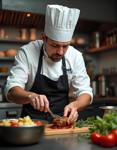 a chef preparing food in a kitchen with a knife and fork