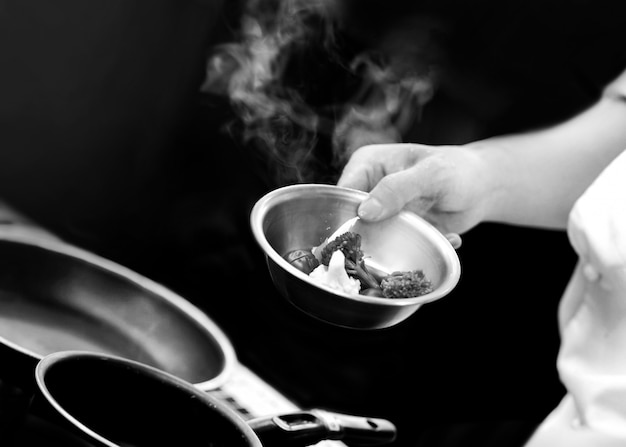 Chef preparing food, meal, in the kitchen, chef cooking, Chef decorating dish