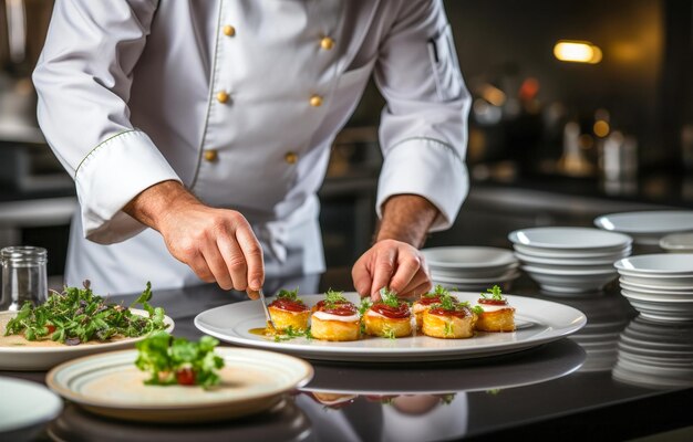 Chef preparing food meal in the kitchen chef cooking in kitchen Chef decorating dish closeup