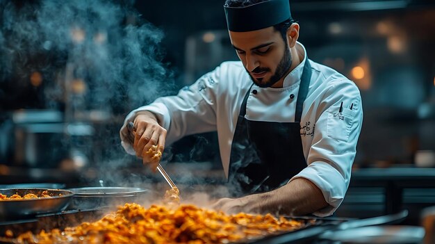 Chef Preparing Food in a Restaurant Kitchen Photo