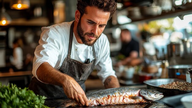 Chef Preparing Fresh Fish in Modern Kitchen Setting