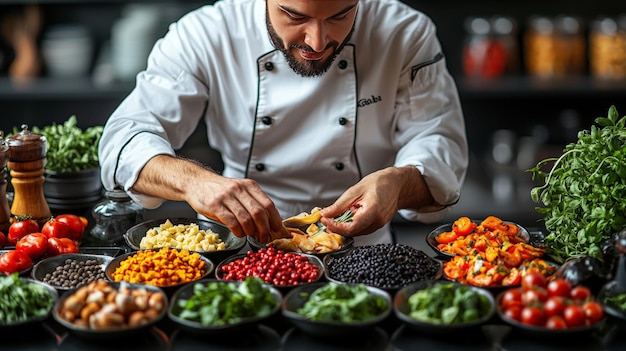 Photo chef preparing fresh ingredients for gourmet dish