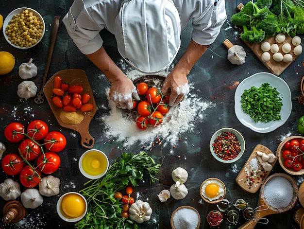 Photo chef preparing fresh ingredients for a gourmet meal with tomatoes herbs and spices