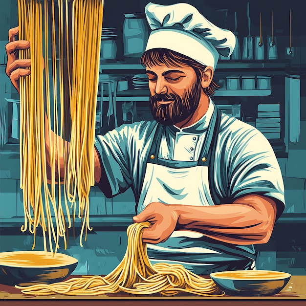 Photo chef preparing fresh pasta in a kitchen a vibrant illustration