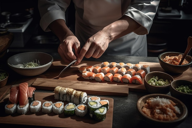 Chef preparing fresh sushi rolls with a sea food generative ai