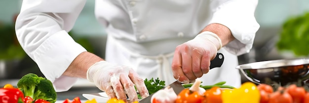 Chef preparing fresh vegetables through slicing