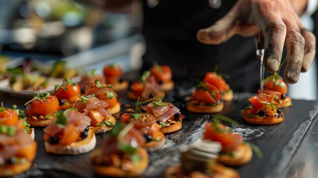 Photo chef preparing gourmet appetizers varied color small bites on table