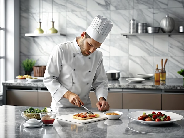 chef preparing a gourmet dish in a professional kitchen