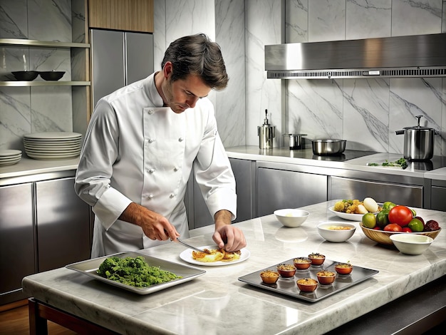 chef preparing a gourmet dish in a professional kitchen