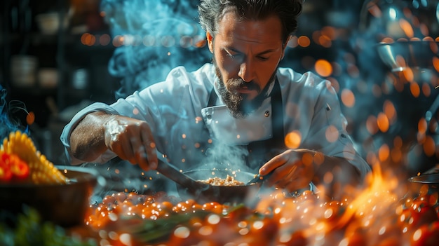 Photo chef preparing gourmet dish surrounded by colorful ingredients and flames in a busy kitchen