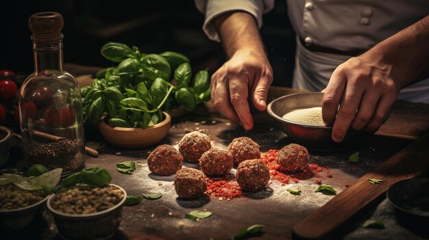 Photo chef preparing homemade meatballs with fresh ingredients on rustic wooden table