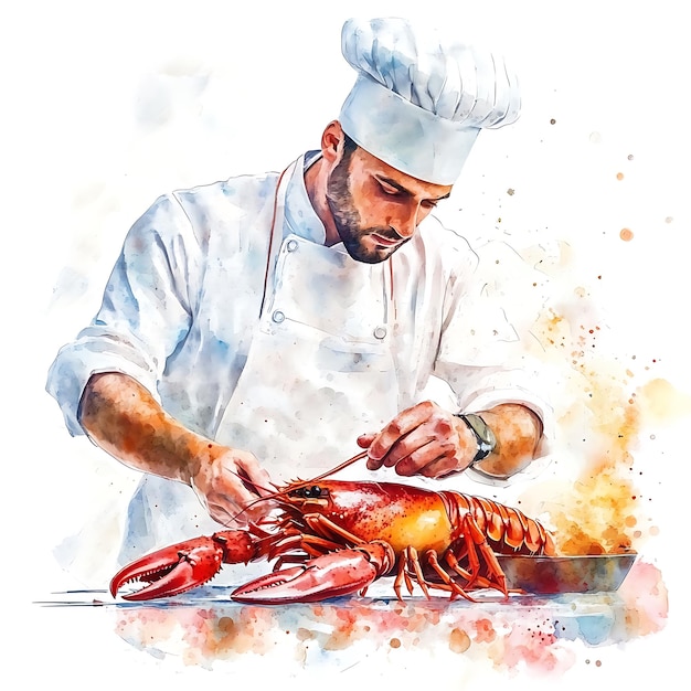 A Chef Preparing a Lobster in a Watercolor Style