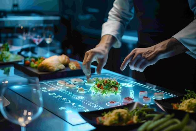 Photo chef preparing luxury delicious food in futuristic restaurant kitchen with virtual hologram graphic