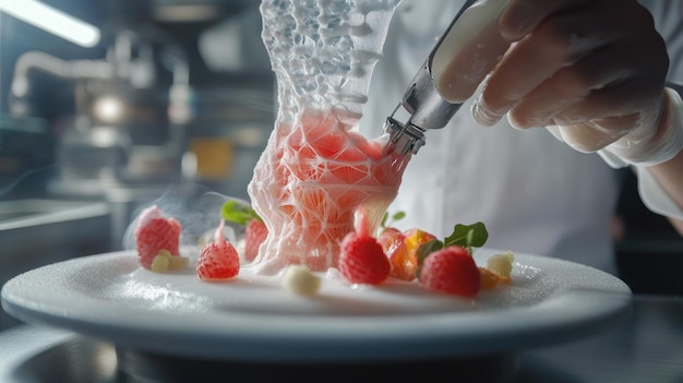 Photo chef preparing a molecular gastronomy dish with whipped cream and fruit