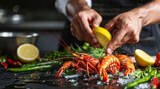 Chef preparing sea food praying mantis shrimp with lemon and hot pepper and green beans East Asian cuisine dilikates vegetarian