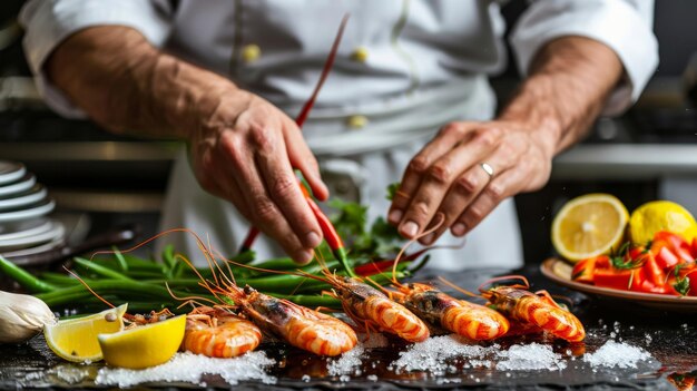 Chef preparing sea food praying mantis shrimp with lemon and hot pepper and green beans East Asian cuisine dilikates vegetarian