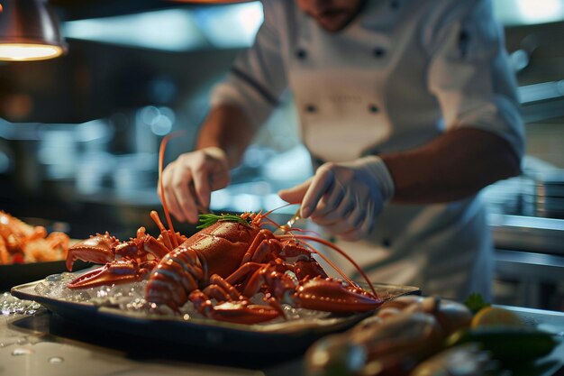 Photo chef preparing a seafood dish in a restaurant