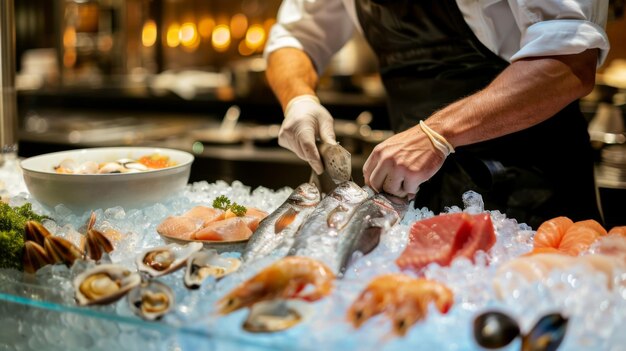 A chef preparing a seafood dish with fresh fish and shellfish on ice