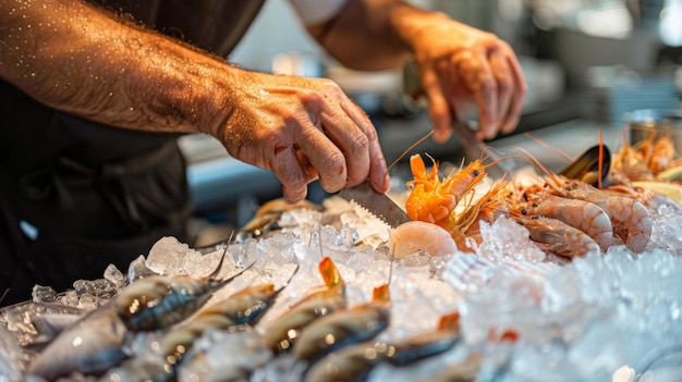 A chef preparing a seafood dish with fresh fish and shellfish on ice