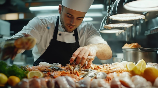 Photo chef preparing seafood platter in bustling restaurant kitchen during evening service