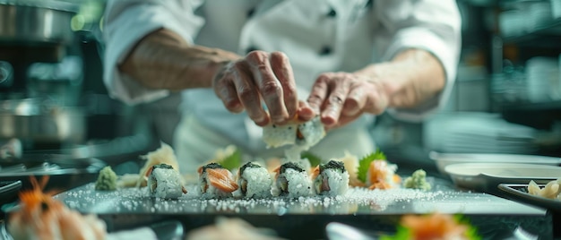 Photo chef preparing sushi in highend restaurant with space for text in a refined artistic atmosphere