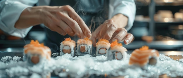 Photo chef preparing sushi in highend restaurant with space for text in a refined artistic atmosphere