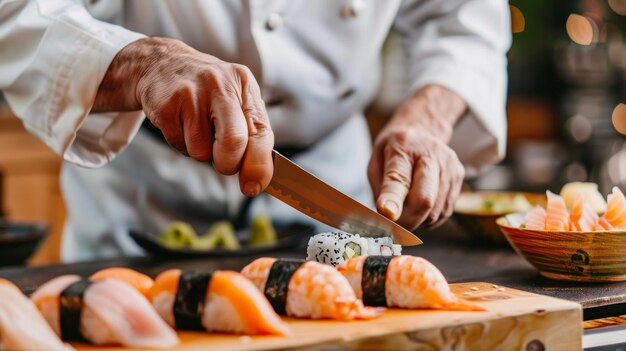 Photo chef preparing sushi in japanese kitchen