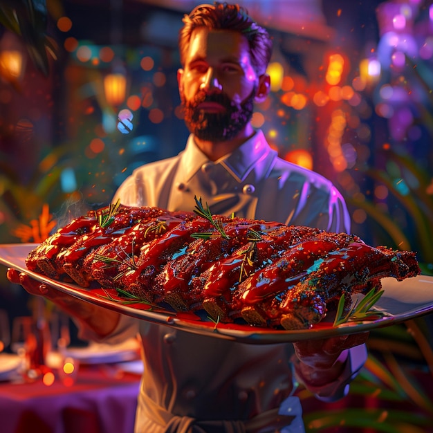 Photo chef presenting a beautifully glazed barbecue platter at a vibrant evening restaurant