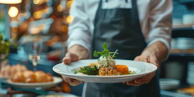 Chef presenting a beautifully plated gourmet dish in a restaurant showcasing fine dining and culinary expertise