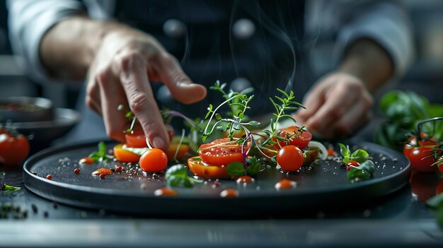 Photo chef presenting a gourmet dish with fresh ingredients on a black plate generative ai