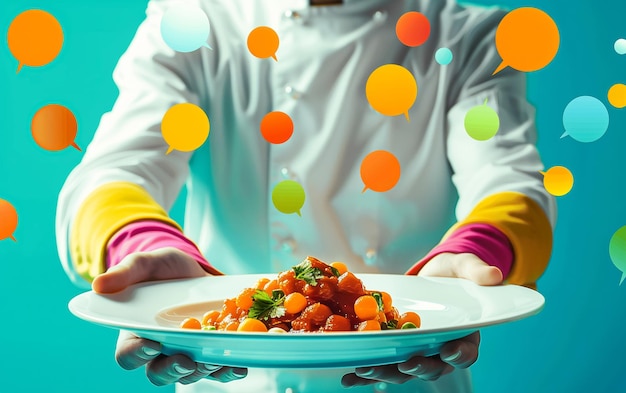 Photo a chef presents a beautifully crafted dish on a plate surrounded by colorful thought bubbles on a vi