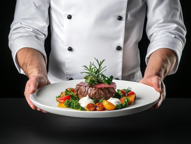 Photo a chef presents a gourmet dish featuring a beautifully cooked steak accompanied by fresh vegetables and herbs