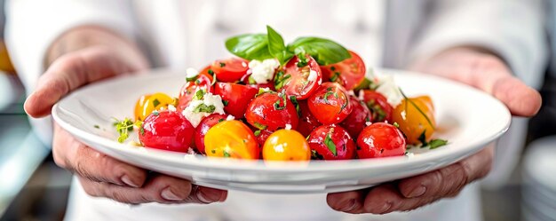 Chef presents vibrant tomato salad with fresh basil and crumbled feta cheese on white plate showcasing dishs bright colors and freshness