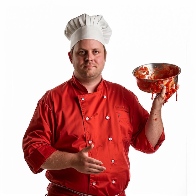 a chef in a red chefs uniform holds a plate of pizza