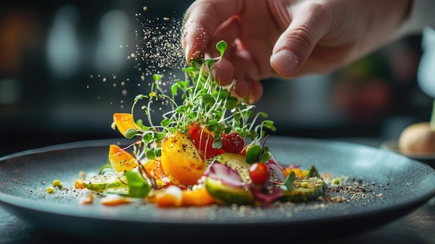 Photo a chef in a restaurant decorates a dish with microgreens healthy food concept culinary trend