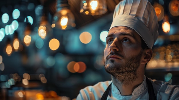 Photo chef in a restaurant with lights on the background