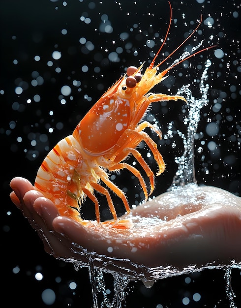 Photo chef s hand holding oversized mantis shrimp splashing water against black background