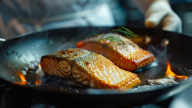 A chef searing salmon fillets in a hot skillet creating a golden crust on the outside while keeping the inside tender and moist