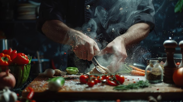 Photo chef seasoning food with smoke and flour